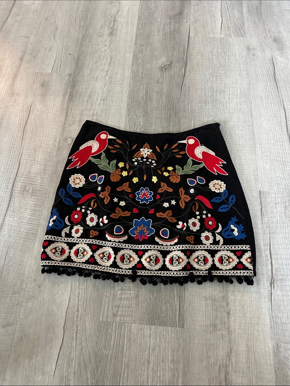 Target Black Mini Skirt with Colorful Embroidered Birds & Floral Trim